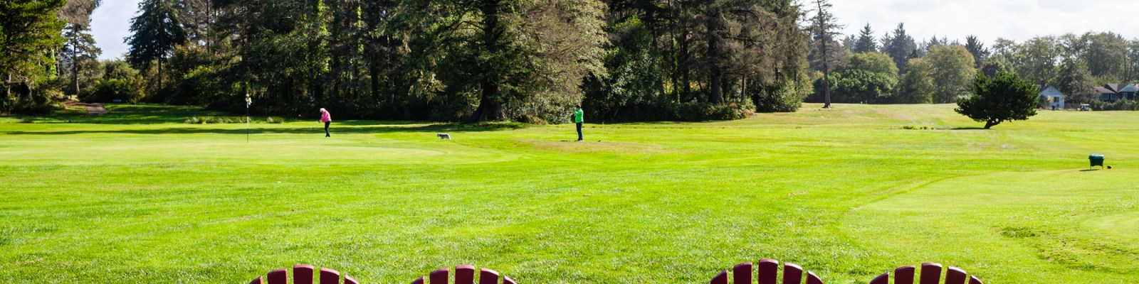 Two Adirondack chairs overlook a lush green at Peninsula Golf Course with golfers and a dog enjoying the course in the distance