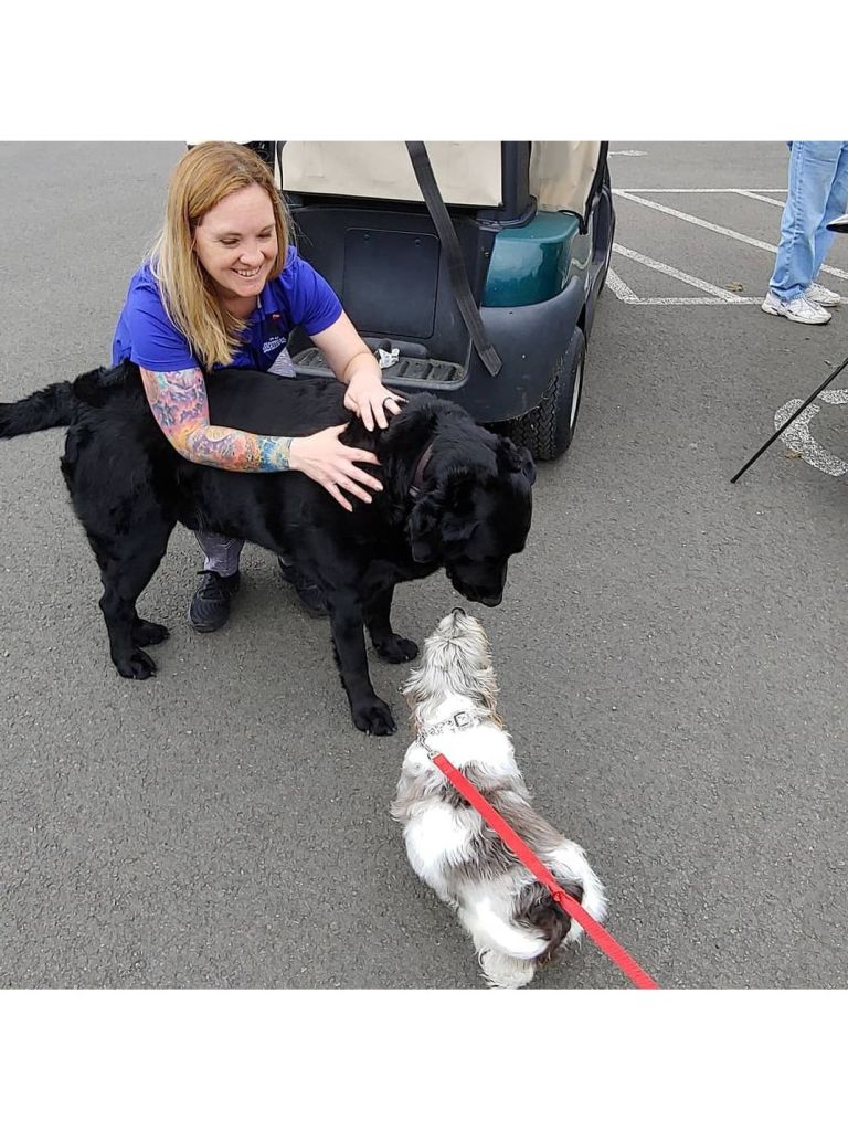 Staff member with dogs at Peninsula Golf Course in Long Beach