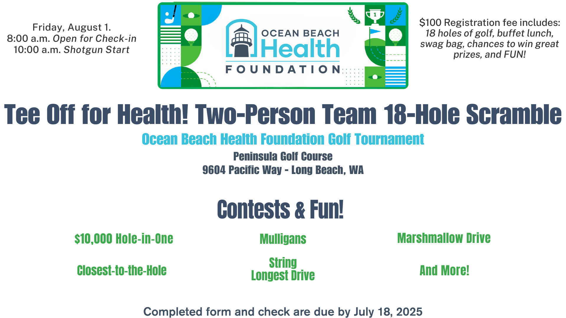 Ocean Beach Hospital Foundation is having a 2-person scramble on August 1st. Sign up today to join the fun while making a difference for the local community!